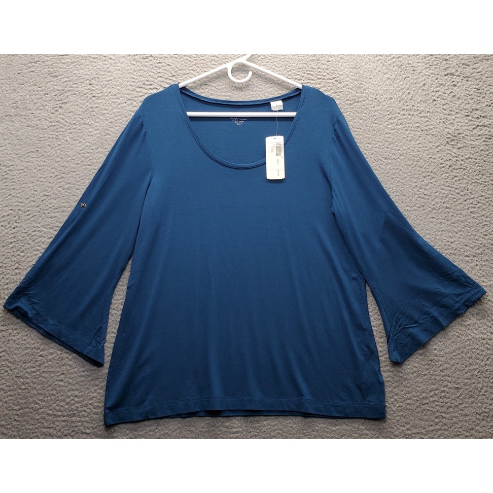 Chico's Blouse Top Womens L Blue Stretch Scoop Neck Flared Tab 3/4 Sleeve Tee